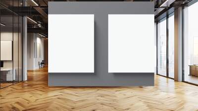 2 blank white paper posters hanging on a grey wall background. Poster gallery vector mockup for horizontal art, image, or text placement. Wall mural