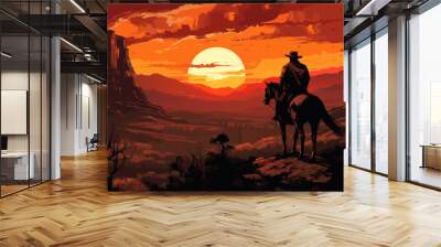 A lone cowboy rides his horse on a rocky outcrop, gazing at the vibrant sunset illuminating the expansive western landscape filled with mountains and sparse vegetation. Wall mural