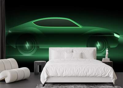 Fast electric car concept vector illustration. Green neon glowing EV vehicle running at high speed on a dark night background. Futuristic SUV or sports car design with voltage symbol on the wheels. Wall mural