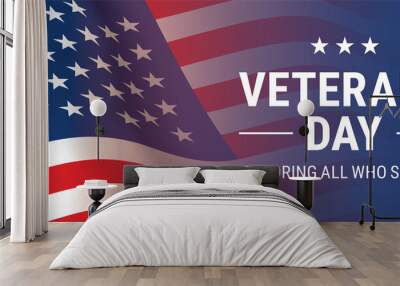 Veterans day horizontal banner vector design, with waving closeup USA flag and Honoring All Who Served memorial text. Wall mural