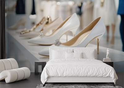 Women's elegant wedding stiletto shoes with golden details in a luxury store. Stylish white heels showcasing delicate designs on a bright store display. Wall mural