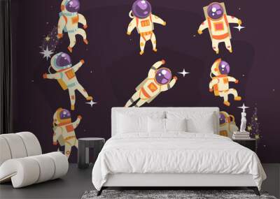 Astronaut In Space Suit Floating In Open Space In Different Positions Set Of Illustrations, Wall mural