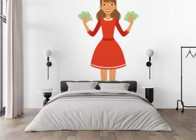 Beautiful happy young successful rich woman character in red dress holding a lot of money, financial success colorful flat vector Illustration Wall mural