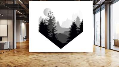 Beautiful nature landscape with silhouette of coniferous forest, mountains and sun, natural scene icon in geometric shape design, vector illustration in black and white colors Wall mural