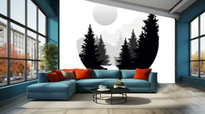 Beautiful nature landscape with silhouettes of forest coniferous trees, mountains and sun, natural scene icon in geometric round shaped design, vector illustration in black and white colors Wall mural