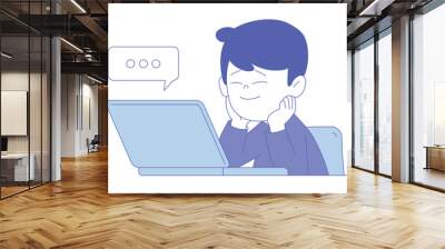 Boy First Grader Sitting at Desk in Front of Laptop Having Online Lesson Vector Illustration Wall mural