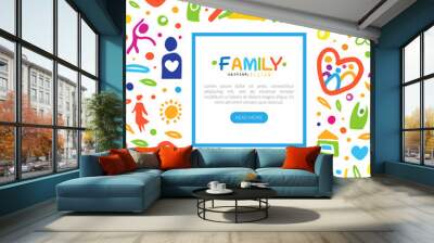 Bright Family Square Card with Abstract Parent and Kid with Heart and Home Element Hand Drawn Vector Template Wall mural