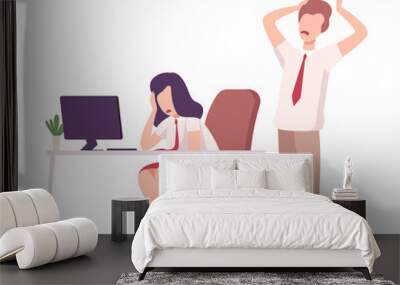 Businesswoman Sitting at the Desk Working at Computer, Shocked Young Man Standing Behind Her Looking into Computer Screen Flat Vector Illustration Wall mural