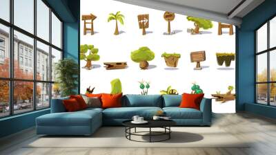 Cartoon set of flat vector nature elements for mobile or computer game. Palm, green trees, stump, old woods, pointers with arrows, plot of land, plants, stones. Gaming interface Wall mural