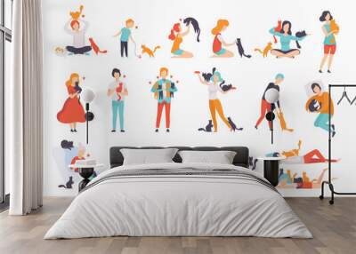 Cat Lovers Set, man, Male and Female Owners Hugging, Playing and Feeding their Pets Flat Vector Illustration Wall mural