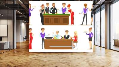 Cheerful Men and Women Playing Roulette and Cards Vector Illustration Wall mural