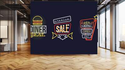 Colorful Glowing Neon Signboards and Retro Street Banners Vector Set Wall mural