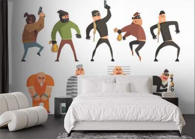 Criminals And Convicts Funny Characters Set. Cartoon Fun Style Vector Illustrations Isolated Wall mural