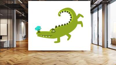 Crocodile Playing With Butterfly Sitting On Hos Nose, Cartoon Character And His Everyday Wild Animal Activity Illustration Wall mural