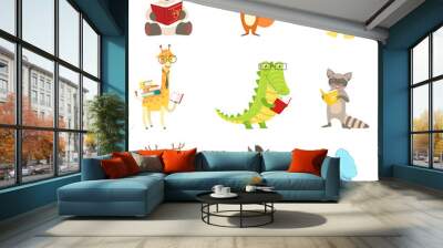 Cute Animal Characters Reading Books Set Wall mural