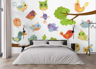 Cute bird characters set, cute colorful cartoon birds flying, singing, sitting on the branch vector Illustrations on a white background Wall mural