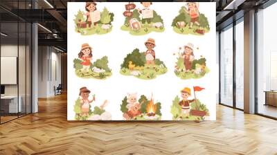 Cute Children with Backpack Hiking and Trekking Exploring Nature Vector Illustration Set Wall mural