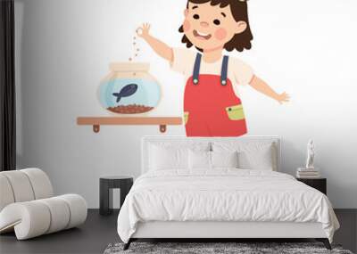 Cute happy brunette little girl feeding her pet fish in fish bowl cartoon vector illustration Wall mural