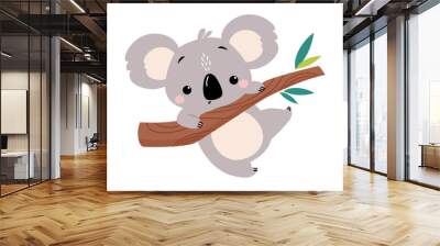 Cute Koala Climbing the Tree, Adorable Australian Animal Cartoon Vector Illustration Wall mural