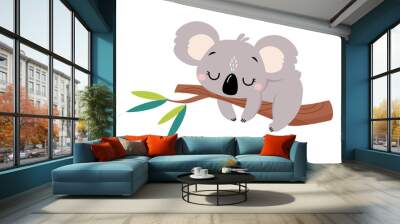 Cute Koala Sleeping on Tree Branch, Lovely Australian Animal Cartoon Vector Illustration Wall mural