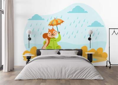 Cute Squirrel Walking with Umbrella under the Rain, Adorable Wild Animal Character on Autumn Landscape Cartoon Vector Illustration Wall mural