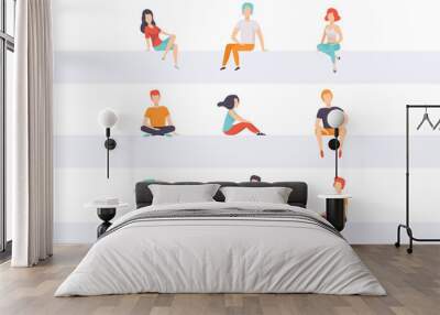 Diverse people sitting on different positions set, young faceless guys and girls in casual clothes sitting down vector Illustrations on a white background Wall mural