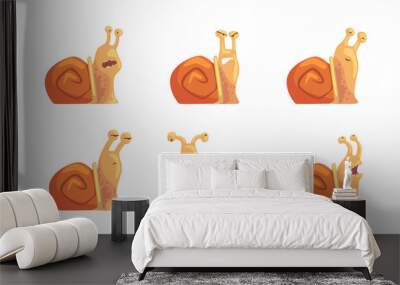 Emotions of funny snail set. Brown helix with bored, frightened, angry and sleepy face expression cartoon vector illustration Wall mural