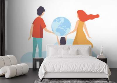 Family Holding Big Earth Globe, Mother, Father and Their Little Daughter with Terrestrial Globe, Back View Vector Illustration Wall mural