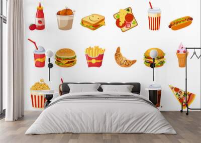 Fast Food Items Set Of Realistic Design Vector Stickers Isolated On White Background. Wall mural