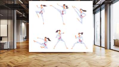 Female Karate Fighter in White Kimono Practicing Martial Art Vector Set Wall mural