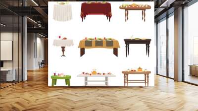 Flat vector set of different types of dining tables with served food and drinks. Kitchen furniture. Elements for home or restaurant interior Wall mural