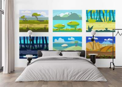 Flat vector set of seamless horizontal backgrounds for mobile or computer game. Colorful natural landscapes Wall mural