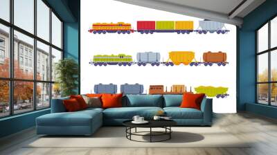 Freight railway transport set. Logistics industry and cargo transportation flat vector illustration Wall mural