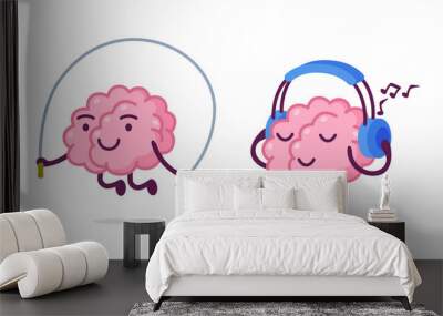 Funny Brain Character Skipping Rope and Listening to Music with Headphones Vector Set Wall mural