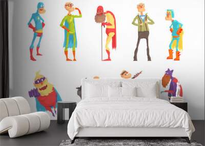 Funny elderly superman cartoon characters in action set of vector Illustrations Wall mural