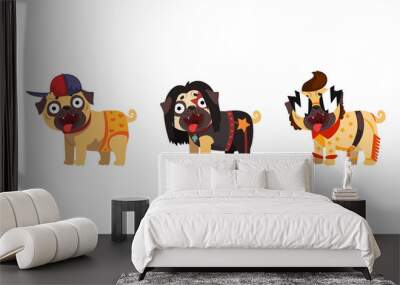 Funny Pug Dog in Colorful Costumes Vector Set Wall mural