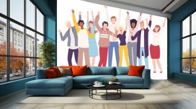 Group of People Standing with Raising Hands, Young Men and Women Having Fun or Celebrating Success Flat Vector Illustration Wall mural