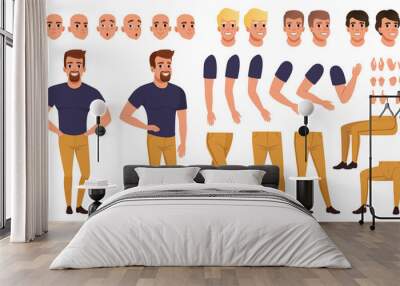 Handsome man creation set with various views, poses, face emotions, haircuts and hands gestures. Cartoon male character constructor. Isolated flat vector Wall mural