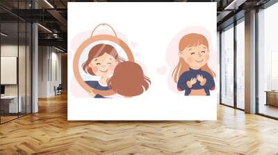 Happy kids love themselves. Girls holding hands on her chest and looking in mirror. Self love, acceptance, self care, happiness concept cartoon vector illustration Wall mural