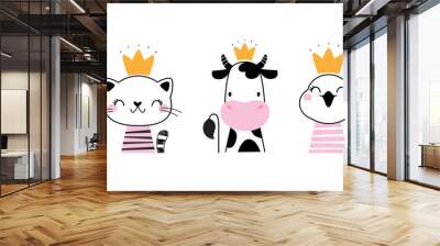 Head cute funny animals with golden crowns set. Cat, cow and owlet little princess hand drawn vector illustration Wall mural