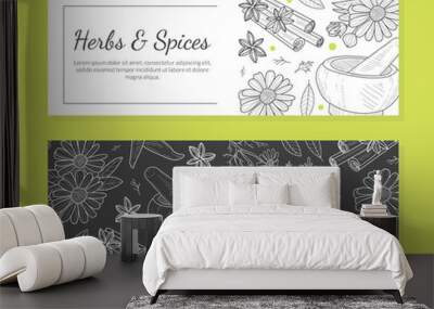 Herbs and Spices Banner Templates Set, Label, Flyer, Certificate, Background with with Natural Organic Healthy Products Hand Drawn Seamless Pattern Vector Illustration Wall mural