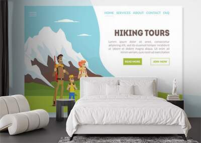 Hiking Tou Banner, Landing Page Template, Happy Family Travelling Together at Mountains Vector Illustration Wall mural