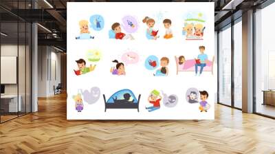 Kids imagination. Curious boys and girls reading fairy tales developing imagination. Entertainment and educational literature cartoon vector Illustration Wall mural