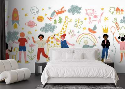 Kids of Different Nationalities Painting and Drawing with Brushes and Pencils on White Wall Vector Illustration Wall mural