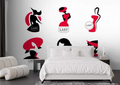 Lady Logo Design Collection, Fashion Shop or Beauty Salon Red and Black Emblems Vector Illustration Wall mural