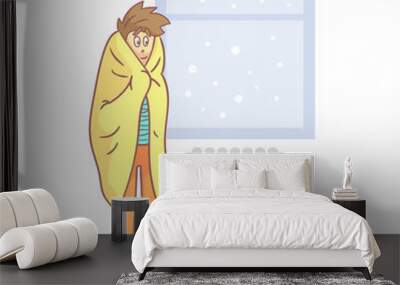 lazy apathetic young man wrapped in a blanket standing next to heating radiator vector illustration Wall mural