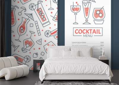 Linear Glasses with Cocktail in Pink Bar Menu Vector Template Wall mural