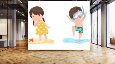 Little Boy with Snorkeling Tube and Girl Watching Starfish on Sand Vector Set Wall mural