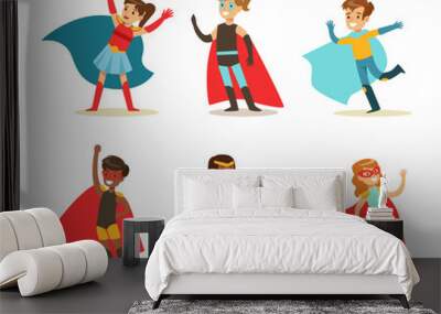 Little Girl and Boy Wearing Costume of Superhero Pretending Having Power for Fighting Crime Vector Set Wall mural