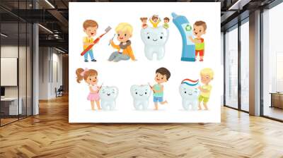 Little Kids Taking Care of Tooth Purity Brushing it With Toothbrush Vector Illustrations Set Wall mural